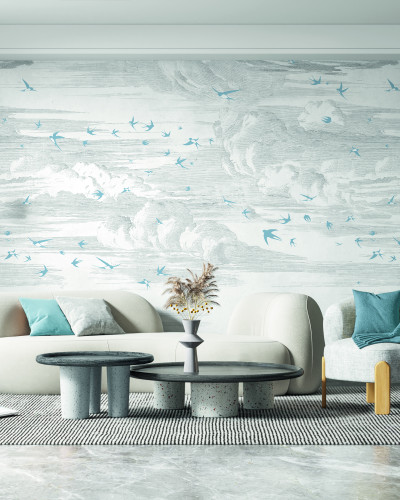Tapet Envolée, Bleu Perle - Fond Grisaille, cu un design minimalist de păsări ce zboară pe un fundal gri deschis.