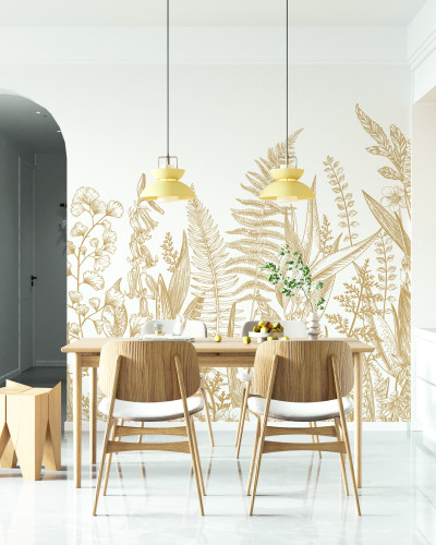 Tapet cu design minimalist cu frunze aurii desenate pe un fundal alb. Designul este perfect pentru amenajarea unui living sau a unei zone de luat masa.
