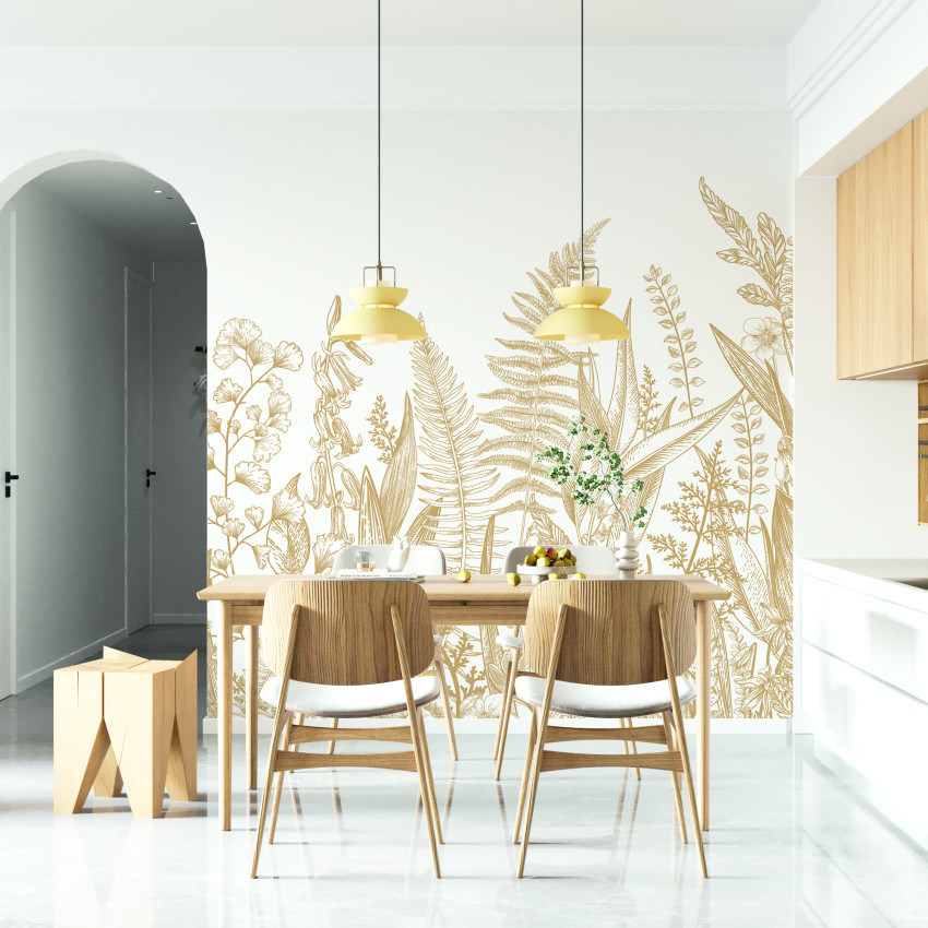 Tapet cu design minimalist cu frunze aurii desenate pe un fundal alb. Designul este perfect pentru amenajarea unui living sau a unei zone de luat masa.