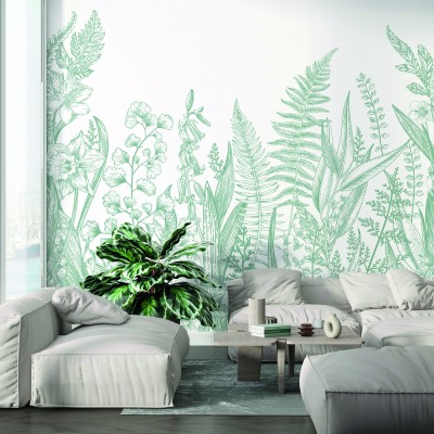 Tapet floral elegant, Garden Line, Sauge, PaperMint, cu design delicat, in nuante de verde si alb