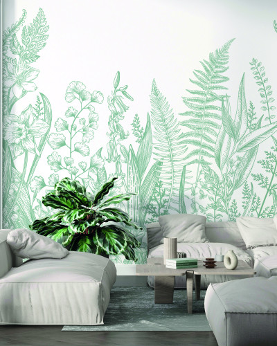 Tapet floral elegant, Garden Line, Sauge, PaperMint, cu design delicat, in nuante de verde si alb