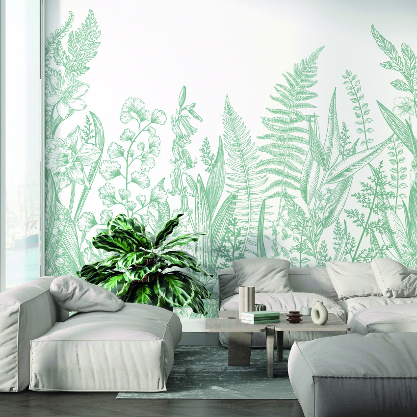 Tapet floral elegant, Garden Line, Sauge, PaperMint, cu design delicat, in nuante de verde si alb