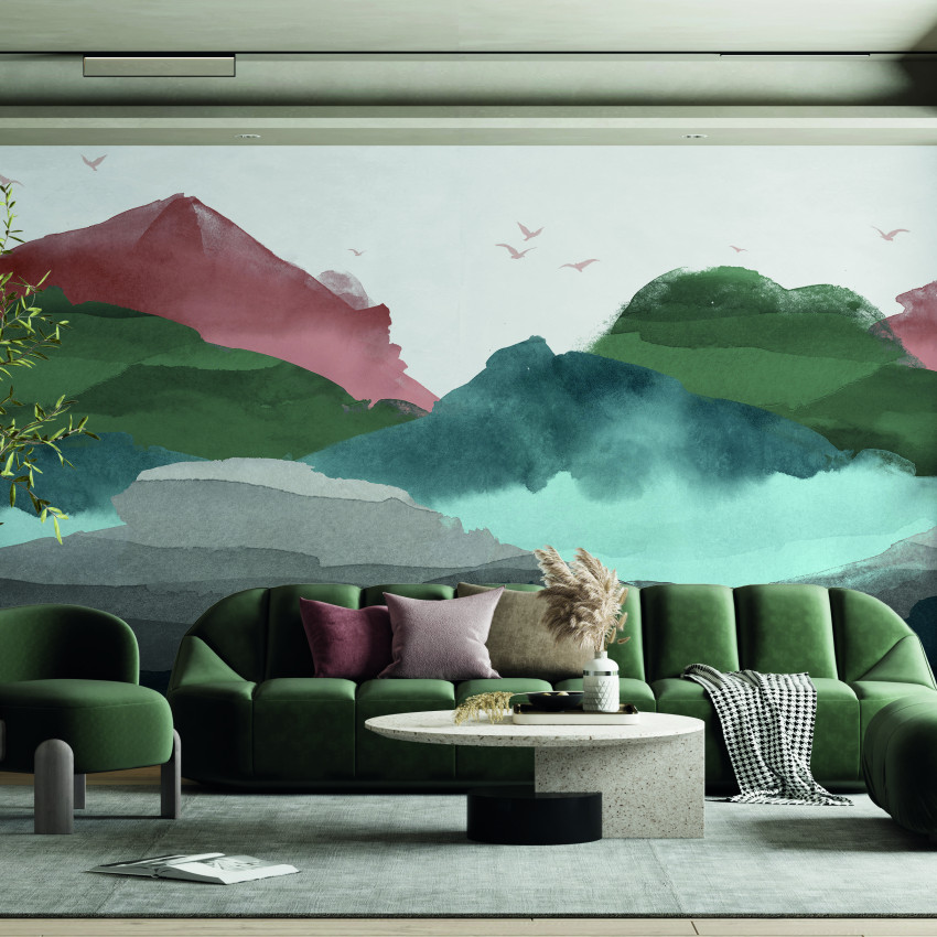 Tapet cu design abstract și culori pastelate, cu dealuri în nuanțe de roz și bej, ideale pentru dormitor.