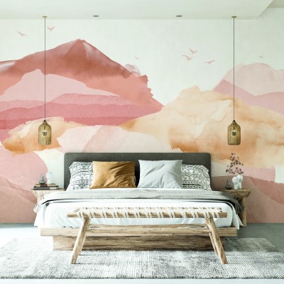 Tapet cu design abstract și culori pastelate, cu dealuri în nuanțe de roz și bej, ideale pentru dormitor.