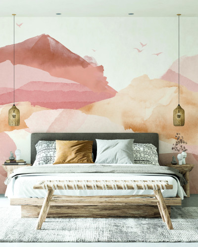 Tapet cu design abstract și culori pastelate, cu dealuri în nuanțe de roz și bej, ideale pentru dormitor.