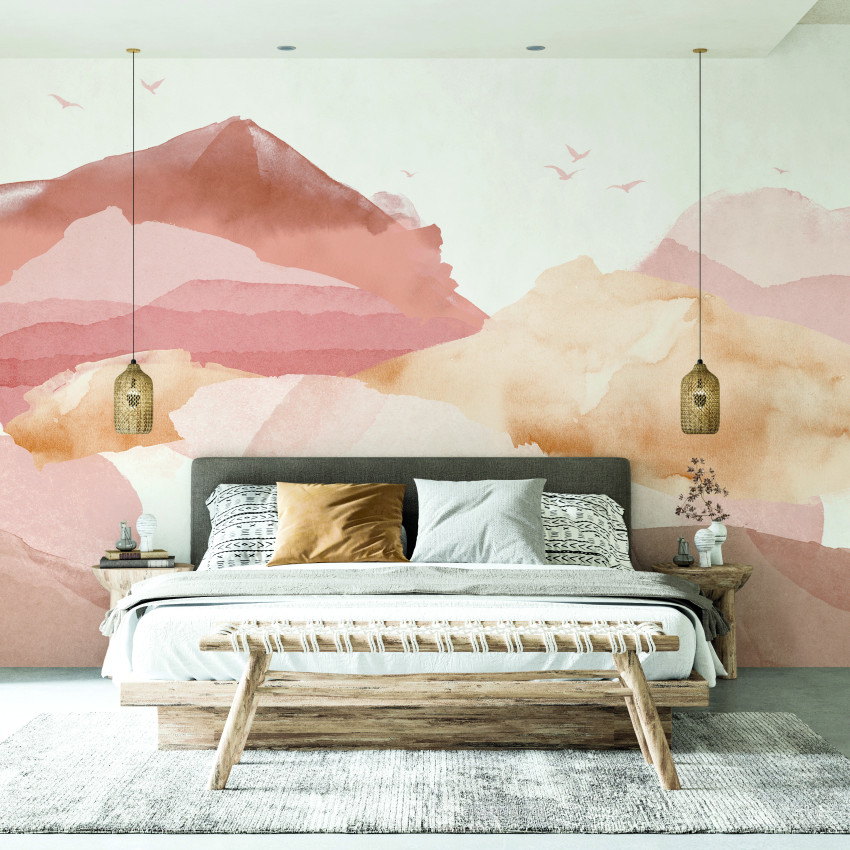 Tapet cu design abstract și culori pastelate, cu dealuri în nuanțe de roz și bej, ideale pentru dormitor.