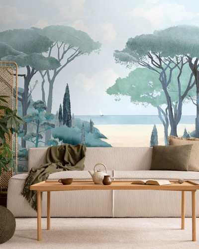 Tapet cu design unic, Riviera La Spiaggia, Vert Emeraude, PaperMint, cu palmieri, ocean și cer senin, creează o atmosferă relaxantă și elegantă.