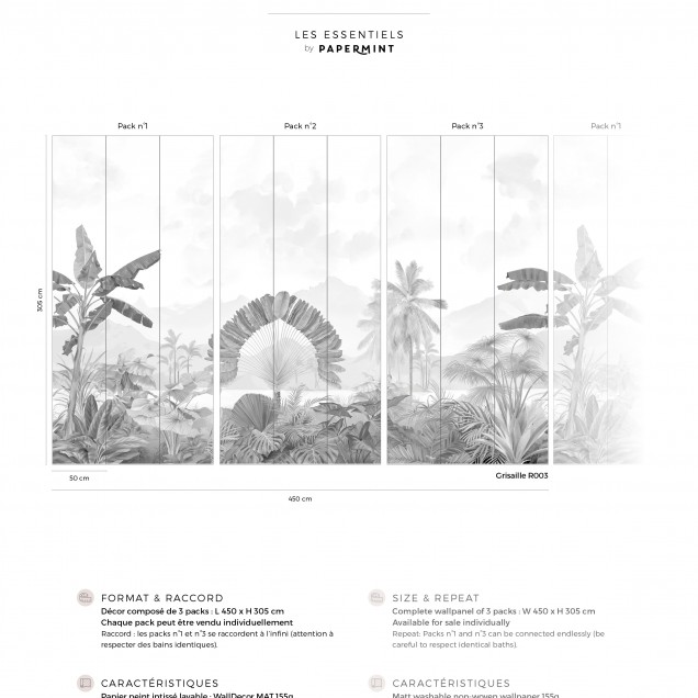 Tapet cu design tropical Amazonia, Grisaille, PaperMint, in tonuri de gri,  cu frunze tropicale, montat in dormitor