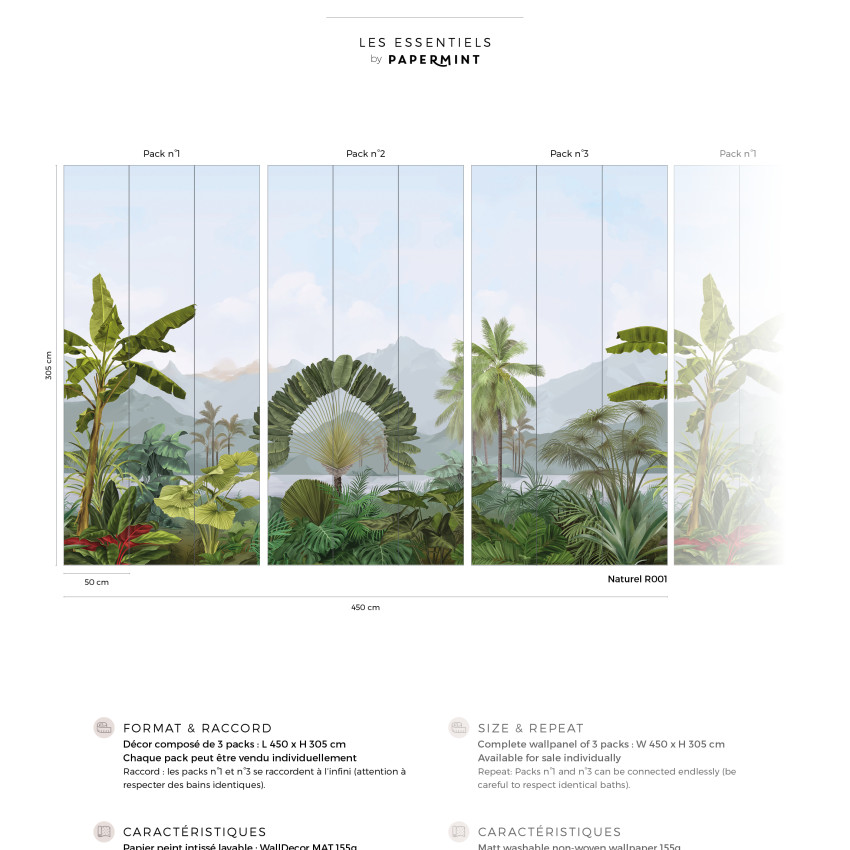 Tapet cu design tropical Amazonia, Grisaille, PaperMint, in tonuri de gri,  cu frunze tropicale, montat in dormitor