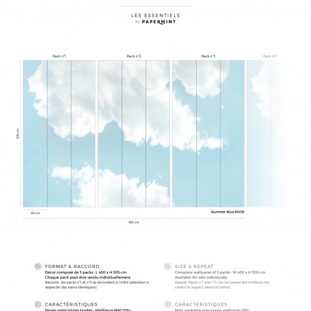 Tapet Ciel Summer Blue - design minimalist cu nuanțe de albastru pal și nori albi