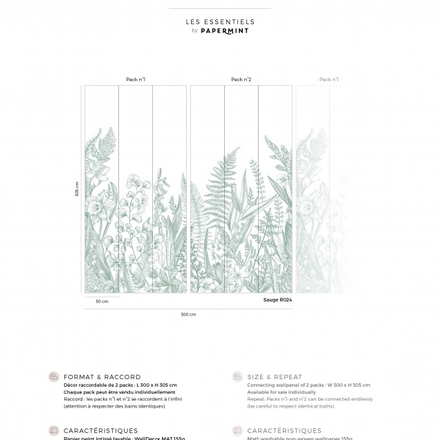 Tapet floral elegant, Garden Line, Sauge, PaperMint, cu design delicat, in nuante de verde si alb