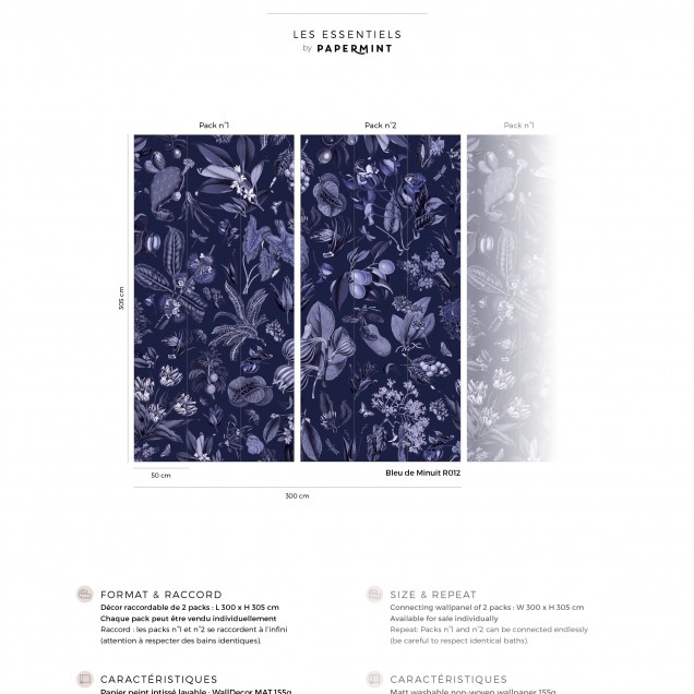 Tapet floral albastru inchis, Jardin d'Autrefois, Bleu de Minuit