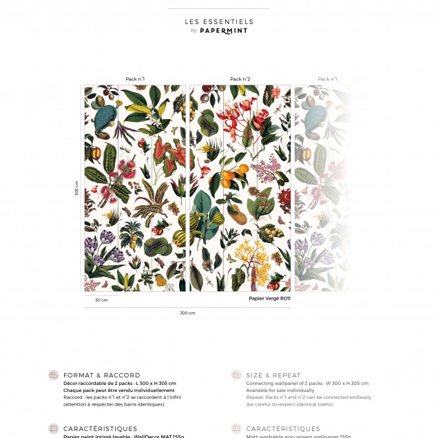 Tapet floral cu un design inspirat din grădinile de altădată, cu frunze, flori și insecte, pe un fond crem cu textură de hârtie de pergament.