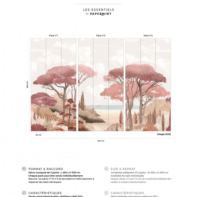 Tapet cu un design minimalist, ce ilustrează un peisaj de coastă cu palmieri, în culori pastelate de roz.