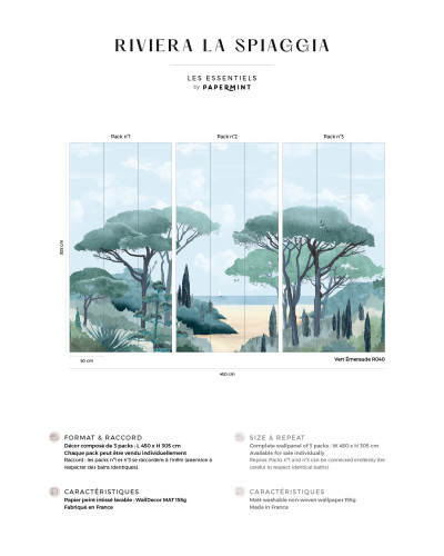 Tapet cu design unic, Riviera La Spiaggia, Vert Emeraude, PaperMint, cu palmieri, ocean și cer senin, creează o atmosferă relaxantă și elegantă.
