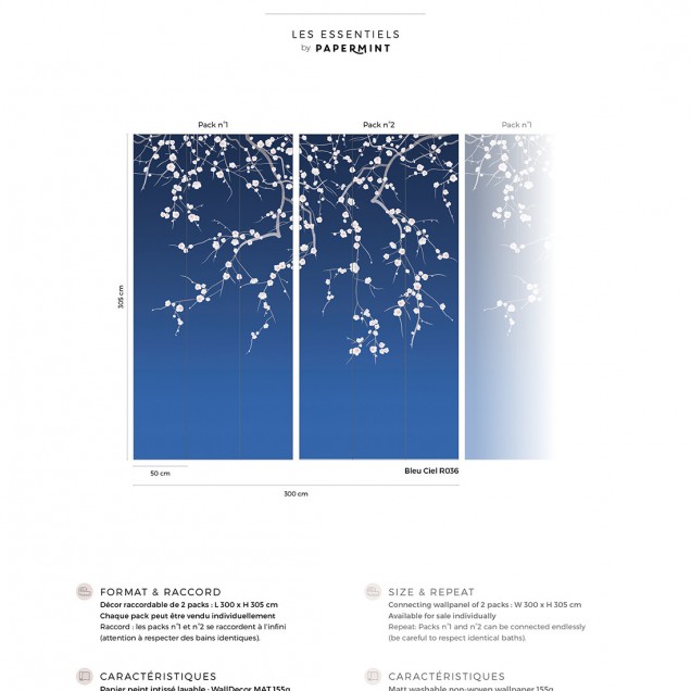 Tapet Sakura, Bleu Foncé, PaperMint cu flori de cires albe pe un fundal albastru inchis