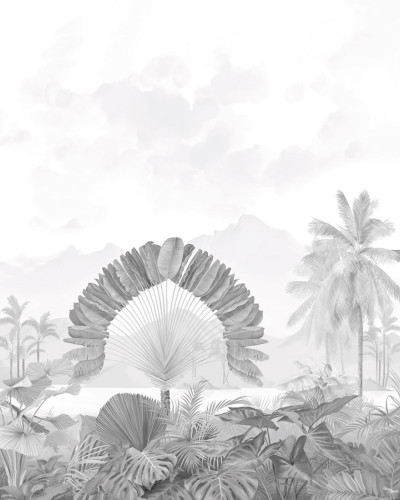 Tapet cu design tropical Amazonia, Grisaille, PaperMint, in tonuri de gri,  cu frunze tropicale, montat in dormitor