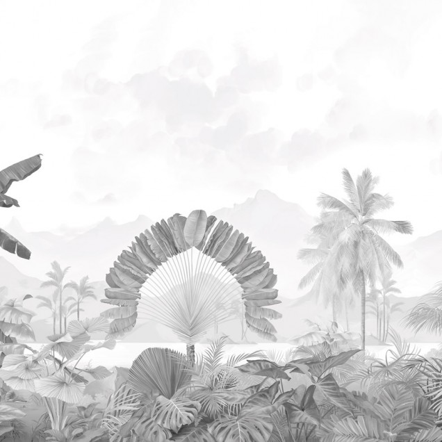 Tapet cu design tropical Amazonia, Grisaille, PaperMint, in tonuri de gri,  cu frunze tropicale, montat in dormitor
