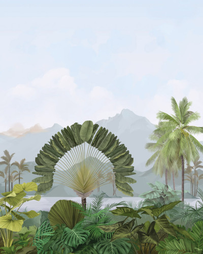 Tapet Amazonia, Naturel, PaperMint, cu un design exotic care include palmieri, frunze verzi si un lac albastru.