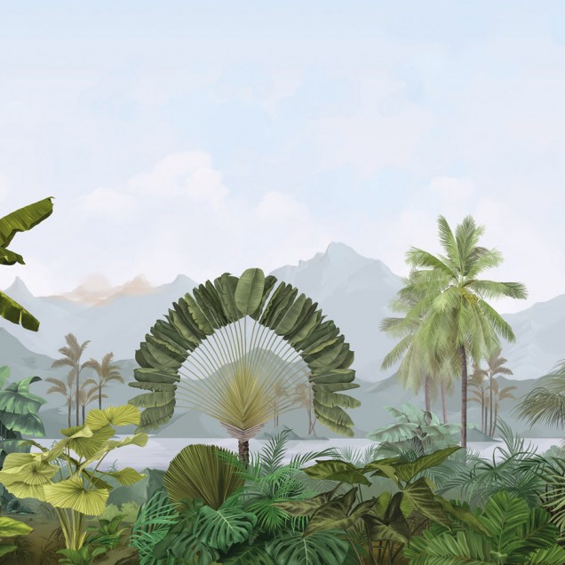 Tapet Amazonia, Naturel, PaperMint, cu un design exotic care include palmieri, frunze verzi si un lac albastru.