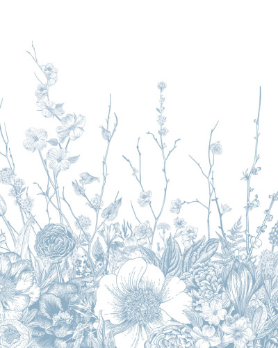 Tapet cu flori albastre, design floral delicat, pe un fundal alb.