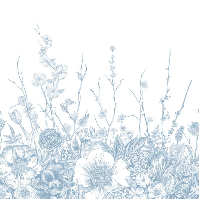 Tapet cu flori albastre, design floral delicat, pe un fundal alb.