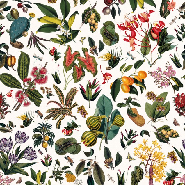 Tapet floral cu un design inspirat din grădinile de altădată, cu frunze, flori și insecte, pe un fond crem cu textură de hârtie de pergament.