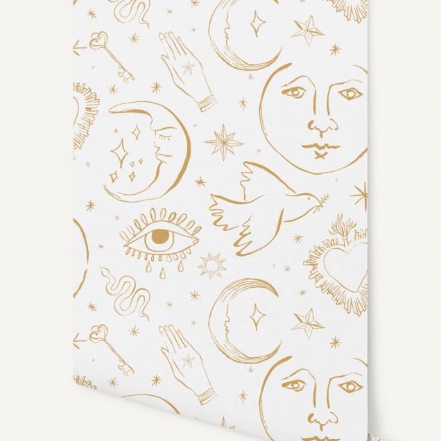 Tapet Mystic, Ligne Agathe cu design minimalist cu motive de lună, stea și ochi pe fond alb.
