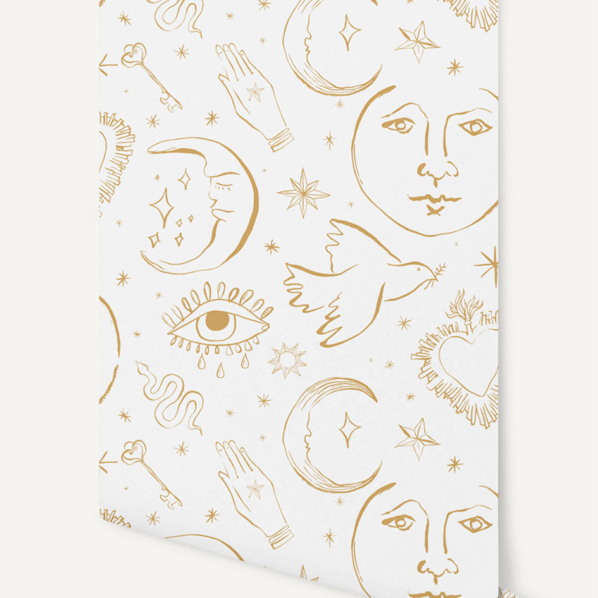 Tapet cu design modern, cu fețe de lună, stele, inimi și ochi, în negru pe alb.