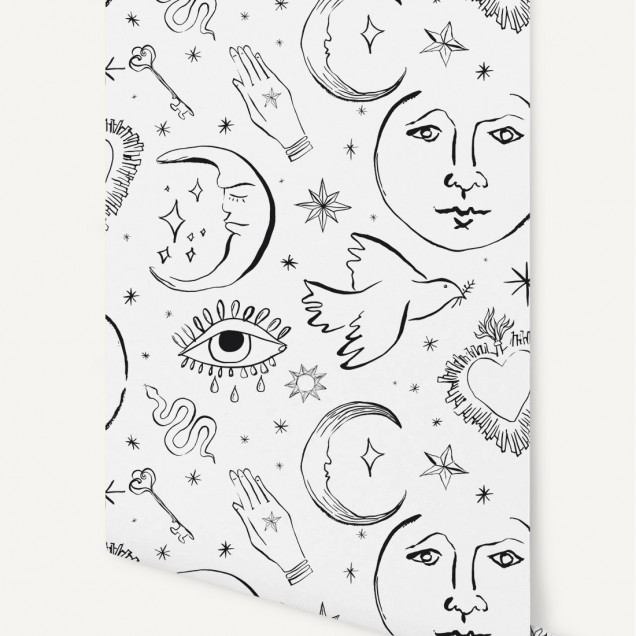 Tapet cu design modern, cu fețe de lună, stele, inimi și ochi, în negru pe alb.