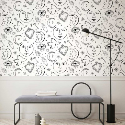 Tapet cu design modern, cu fețe de lună, stele, inimi și ochi, în negru pe alb.