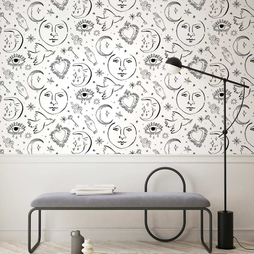 Tapet cu design modern, cu fețe de lună, stele, inimi și ochi, în negru pe alb.