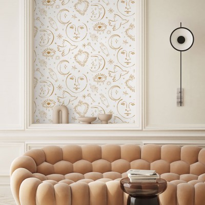 Tapet Mystic, Ligne Agathe cu design minimalist cu motive de lună, stea și ochi pe fond alb.