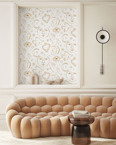 Tapet Mystic, Ligne Agathe cu design minimalist cu motive de lună, stea și ochi pe fond alb.