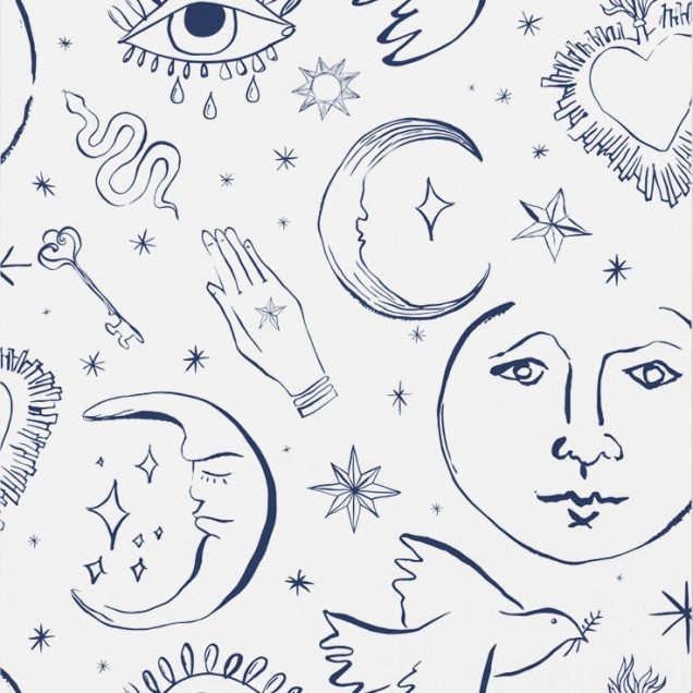 Tapet cu model Mystic Lazuli, in nuante de albastru marin si alb, cu elemente delicate precum luna, stele, ochi si inimi.