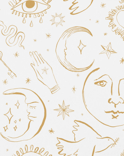 Tapet Mystic, Ligne Agathe cu design minimalist cu motive de lună, stea și ochi pe fond alb.