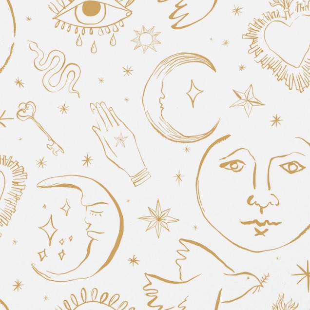 Tapet Mystic, Ligne Agathe cu design minimalist cu motive de lună, stea și ochi pe fond alb.