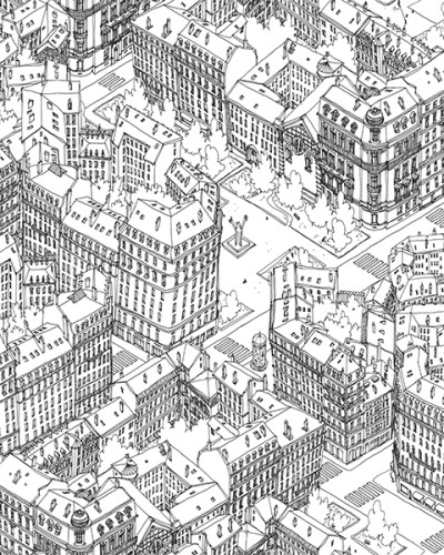 Tapet cu design modern, Paris, Noir, cu un oraș desenat în detaliu