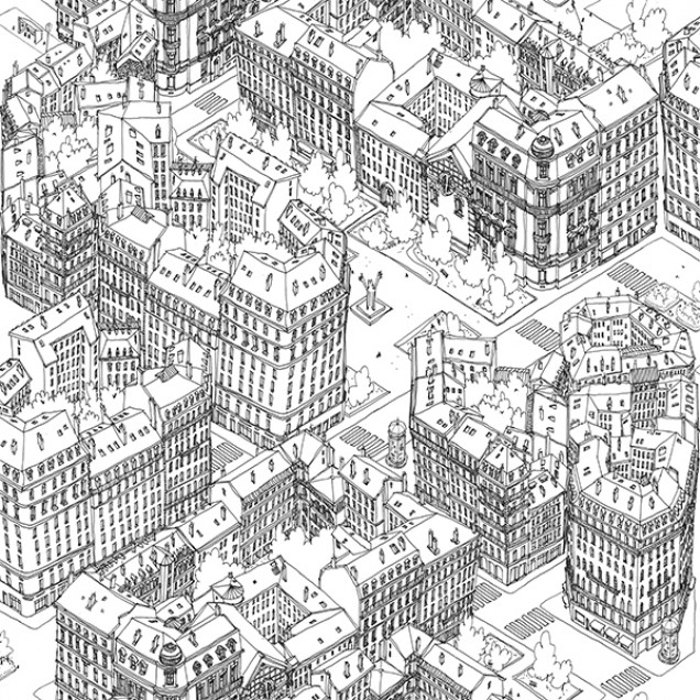 Tapet cu design modern, Paris, Noir, cu un oraș desenat în detaliu