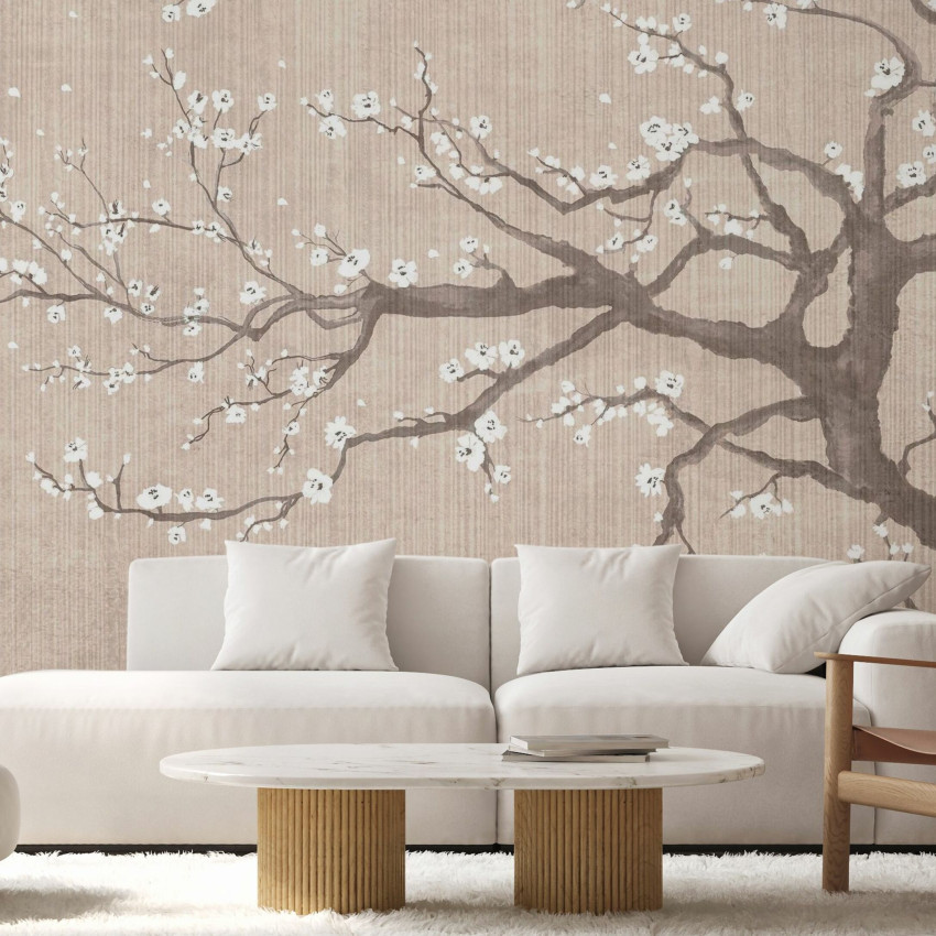 Tapet Sakura Spring III cu flori de cires albe pe un fundal gri.