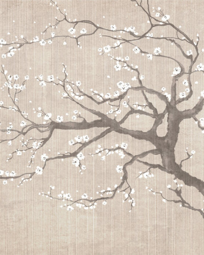 Tapet Sakura Spring IV cu un copac de sakura cu flori albe delicate pe un fundal texturat bej, instalat pe un perete din sufragerie