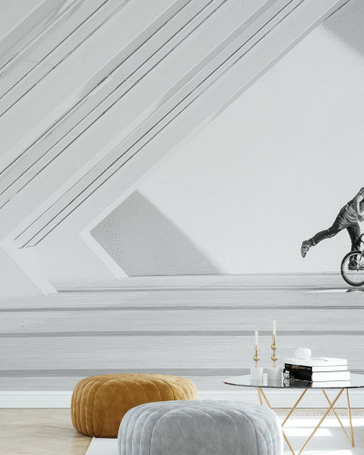 Fototapet cu un ciclist BMX realizând o manevră într-un spațiu modern, alb-negru