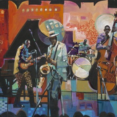 Fototapet cu o pictură în acuarelă ce reprezintă o trupă de jazz.