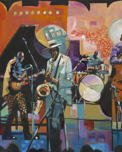 Fototapet cu o pictură în acuarelă ce reprezintă o trupă de jazz.