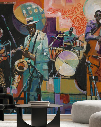Fototapet cu o pictură în acuarelă ce reprezintă o trupă de jazz.
