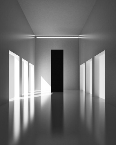Fototapet cu hol modern, lumină și umbră, design abstract alb-negru.