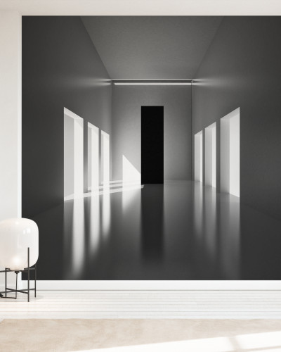 Fototapet cu hol modern, lumină și umbră, design abstract alb-negru.