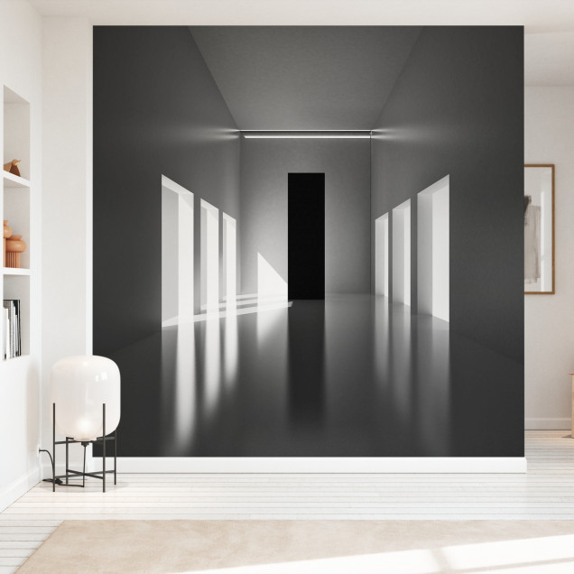 Fototapet cu hol modern, lumină și umbră, design abstract alb-negru.