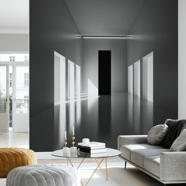 Fototapet cu hol modern, lumină și umbră, design abstract alb-negru.
