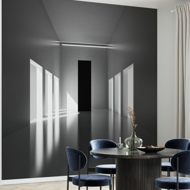 Fototapet cu hol modern, lumină și umbră, design abstract alb-negru.